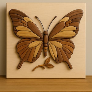 May include: Wooden butterfly wall art. The butterfly is crafted from various shades of brown wood, with a detailed wing pattern. A small wooden leaf is placed below the butterfly. The artwork is mounted on a light-colored wooden square.