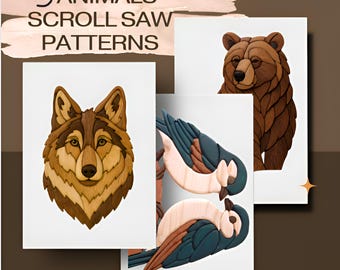 Animal Intarsia Patterns Set of 3 – Bear, Wolf & Bird Couple – Scroll Saw Templates PDF for Woodworking, Instant Download
