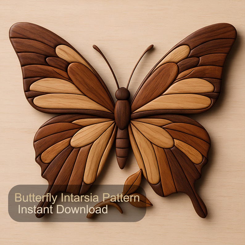 May include: A wooden butterfly wall art piece with a detailed intarsia pattern. The butterfly features wings with alternating shades of brown and tan wood. The text "Butterfly Intarsia Pattern Instant Download" is displayed at the bottom.