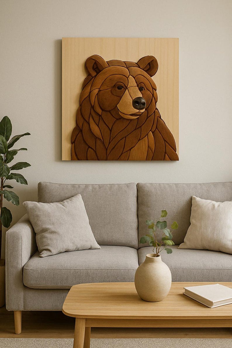 Puede incluir: Una escultura de pared de madera de la cabeza de un oso marr&oacute;n. El oso est&aacute; tallado en un estilo realista con intrincados detalles. La escultura est&aacute; montada sobre un fondo de madera clara.