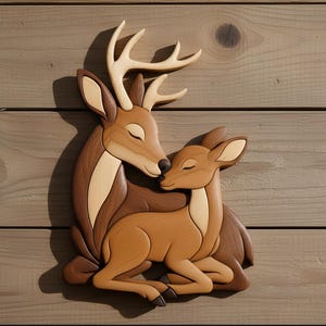 May include: A wooden wall art piece depicting a deer and a fawn in a loving embrace. The artwork features a layered design with various shades of brown and tan, creating a three-dimensional effect. The deer has large antlers and closed eyes.