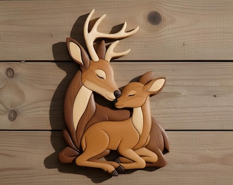 Deer Family Intarsia Pattern PDF | Scroll Saw Woodworking Template | Heartwarming Nature Wall Art | DIY Wood Project