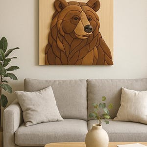 Puede incluir: Una escultura de pared de madera de la cara de un oso marr&oacute;n. El oso est&aacute; tallado en un estilo realista con intrincados detalles. La escultura est&aacute; montada sobre un fondo de madera clara.