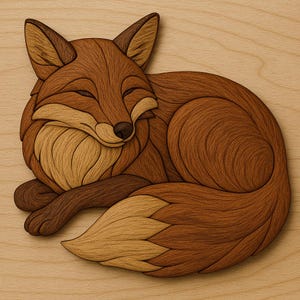 May include: A wooden fox sculpture in shades of brown and tan, lying curled up. The fox has detailed fur patterns and a serene expression. The artwork is set against a light wood background, highlighting the natural tones and textures of the piece.