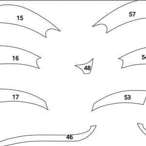May include: A collection of white, abstract shapes with black outlines and numbers. The shapes vary in size and curvature, with numbers like 15, 16, 17, 46, 48, 53, 54, 57, and 26 displayed on them. The shapes appear to be cut-out designs.