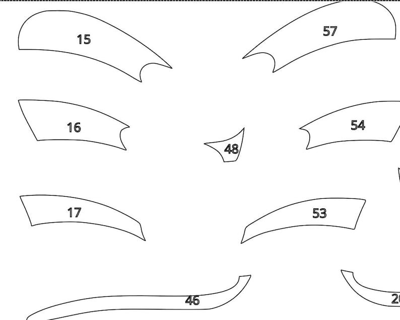 May include: A collection of white, abstract shapes with black outlines and numbers. The shapes vary in size and curvature, with numbers like 15, 16, 17, 46, 48, 53, 54, 57, and 26 displayed on them. The shapes appear to be cut-out designs.