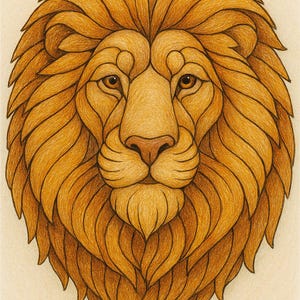 May include: A detailed illustration of a lion's face, rendered in shades of brown and tan. The lion's mane is meticulously drawn with flowing lines, and the eyes and nose are carefully shaded, creating a striking portrait.
