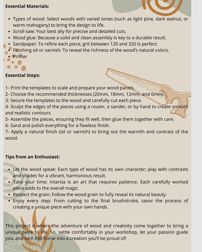 May include: Text-filled image detailing essential materials and steps for a woodworking project. Includes a scroll saw illustration, and lists items like wood glue, sandpaper, and finishing oil. The text provides tips from an enthusiast and encourages creativity.