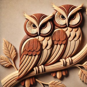 May include: A wooden carving of two owls perched on a branch with leaves. The owls are crafted from various shades of brown wood, with detailed feather and eye designs. The artwork is set against a neutral background.