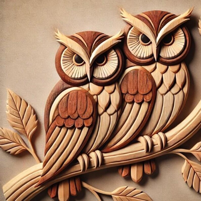 May include: A wooden carving of two owls perched on a branch with leaves. The owls are crafted from various shades of brown wood, with detailed feather and eye designs. The artwork is set against a neutral background.