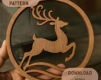 Mönster för rullsåg med renar i julstil • Laserskuren SVG och PDF • Enkel mall för träbearbetning för högtider • DIY-fil för rund hjortprydnad