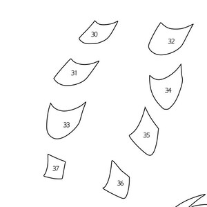 May include: A white background with several black outlined shapes. Each shape has a number inside it, ranging from 30 to 37. The shapes vary in size and design, some are curved, and others are more angular.