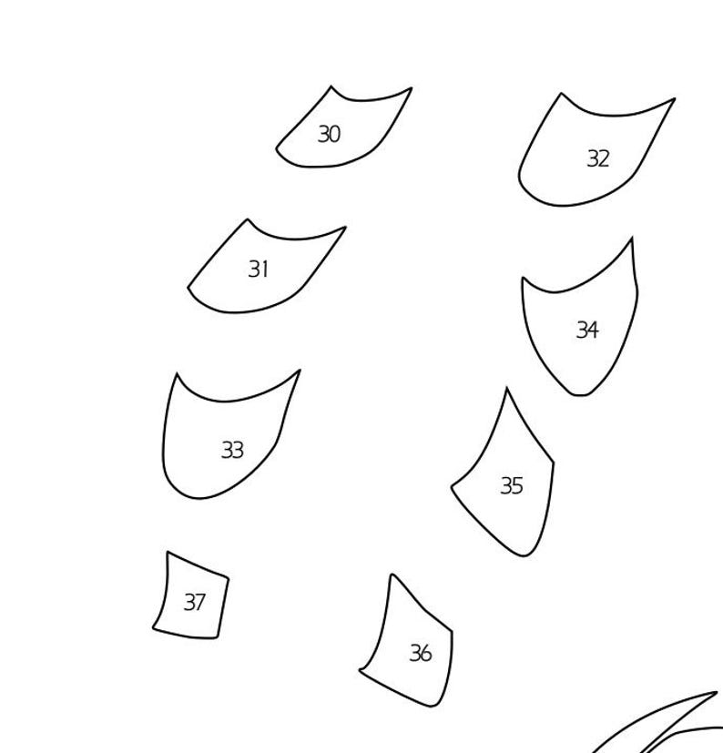 May include: A white background with several black outlined shapes. Each shape has a number inside it, ranging from 30 to 37. The shapes vary in size and design, some are curved, and others are more angular.