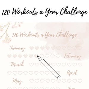 Könnte beinhalten: Ein druckbarer 120 Workouts a Year Challenge Tracker mit einem rosa Aquarellhintergrund. Der Tracker ist ein Raster aus Herzen für jeden Tag des Jahres, mit den Monaten von Januar bis Juni beschriftet.