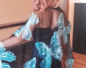 Silkwrap with blue morpho butterflies 36" x 71". Large handpainted silk wrap for ladies. Elegant accessory for evening outfit