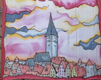 Hand Painted Silk Scarf: Tallinn Old Town Cityscape Art
