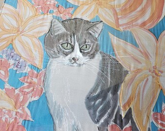 Custom Cat Portrait Scarf: Hand-Painted Silk Art, Made to Order