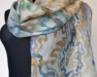 Batik Art Silk Scarf: Estonian Etno Motifs, Magical Snowflakes