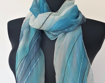 Tender ligth blue silk scarf. Hand painted transparent silk chiffon designers scarf, long scarf in shades of sea: light blue, white, grey