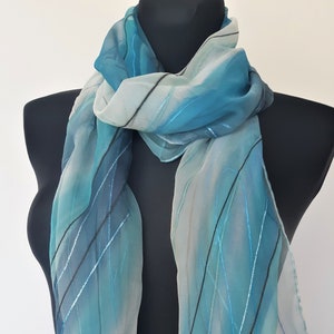 Tender ligth blue silk scarf. Hand painted transparent silk chiffon designers scarf, long scarf in shades of sea: light blue, white, grey