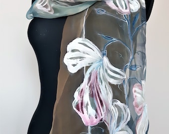 Hand Painted Floral Silk Scarf: Sheer Chiffon Wedding Bridesmaid Scarf