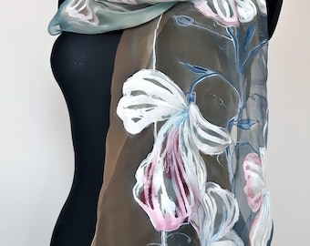 Tender Floral hand painted silk scarf in pink, white, grey, sand. Transparent wedding scarf for bridesmaids by SingingScarves. Free shipping