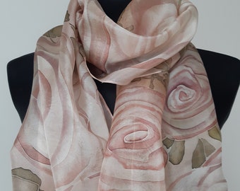 Hand Painted Art Silk Scarf: Ivory Roses, Wearable Art