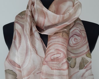 Art silk scarf with ivory roses hand painted original one of a kind piece of wearable art custom made by artist Maria Jürimäe SingingScarves