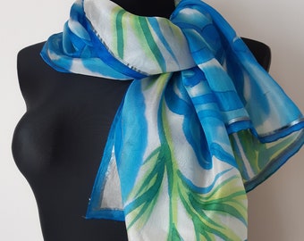 Hand Painted Silk Scarf: Blue Floral Art Scarf