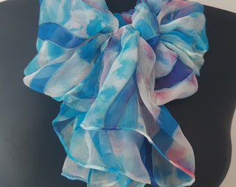 Blue pink handpainted silkscarf The Song of Summer. Original designers scarf painted in summer time carrying positive energy full of light.