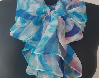 Handpainted Silk Chiffon Scarf: Blue Pink Watercolor Design