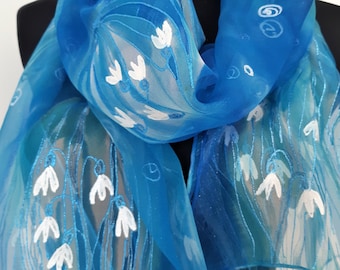Hand Painted Silk Scarf: Blue Snowdrops Floral Scarf
