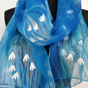 Snowdrops blue scarf, hand painted silk scarf. Blue transparent scarf, tiny white spring flowers. Gift for her, gift for mom, Birthday gift