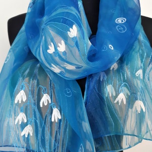 Hand Painted Silk Scarf: Blue Snowdrops Floral Scarf