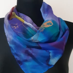 Blue multicolour hand painted silk scarf. Blue purple white multicolor art scarf painted by a 4year old. Kids art on pure silk. 22&quot; x 22&quot;