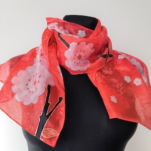 Red hand painted silk scarf with pink flowers Oriental Blossom. Abstract cherry blossoms. Chinese motifs inspired silk art by SingingScarves