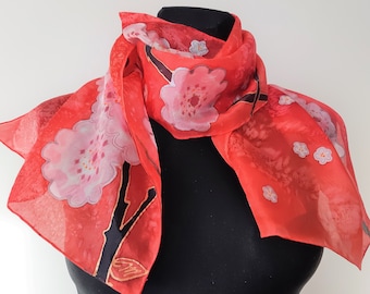 Hand Painted Silk Scarf: Red Oriental Blossom with Pink Cherry Blossoms
