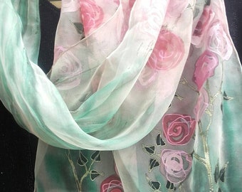 Tender Rose Garden hand painted silk scarf in pink, white, light green. Transparent wedding scarf for bridesmaids by SingingScarves