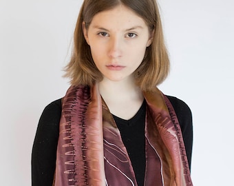 Handpainted silk scarf in shades of rosy brown, chocolate, ivory and sand. Elegant abstract scarf by SingingScarves. Worldwide shipping