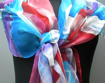 Hand Painted Chiffon Scarf: Abstract Red, Blue, White, Purple Design