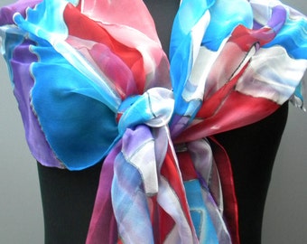 Blue red white tricolore scarf. Hand painted abstract chiffon scarf in red, blue, white, and purple with elegant design. OOAK gift for her