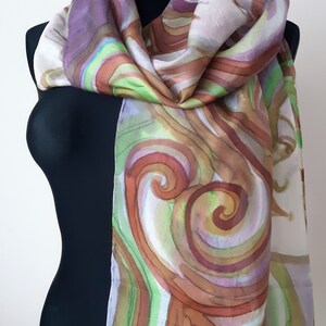 Earth fairies silk scarf or wall hanging with female portraits. Brown, purple, green white one of a kind art scarf with protective energy.