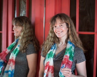 Hand dyed silk scarf. Blue, red, green, white bold and playful scarf. Summer scarf, free worldwide shipping. One of a kind accessory for her