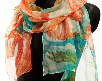 Floral Bloom silk scarf, hand painted art scarf in orange, turquoise, white, green by SingingScarves