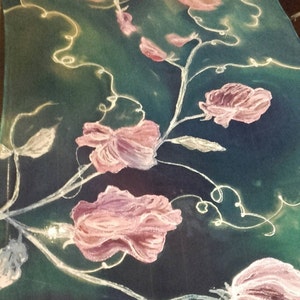 Pink Sweet Pea hand painted silk chiffon scarf. Blue, pink pearl white elegant silk shawl. Artists scarf 18&quot; x 71&quot;, ooak art gift for her