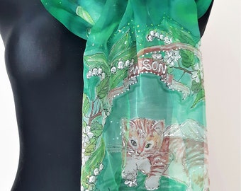 Custom Cat Portrait Scarf: Hand-Painted Silk Scarf, Made to Order