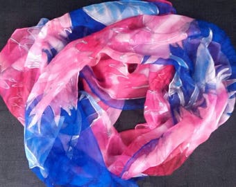 Pink and blue painted silk scarf with large flowers. Pink, red royal blue bright colours accessory for a lady by an artist Free DHL shipping