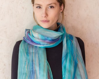 Hand painted art scarf Flow in tender shades of turquoise and purple by SingingScarves
