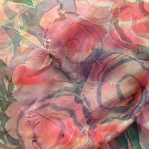 Rose Garden pink, red and green hand painted silk square scarf. Floral artists scarf with abstract flowers on pure silk. Gift for her.