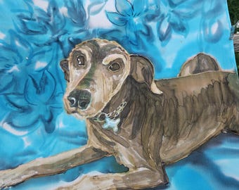 Custom Dog Portrait Scarf: Hand-Painted Silk Art, Made to Order